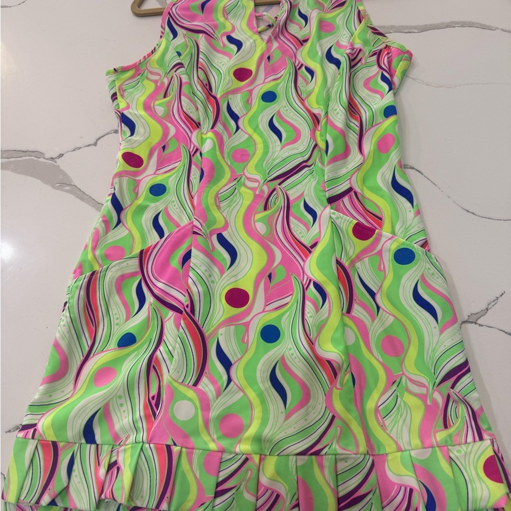Tzu Tzu Green and Pink Halter Sundress with Flutter Sleeves